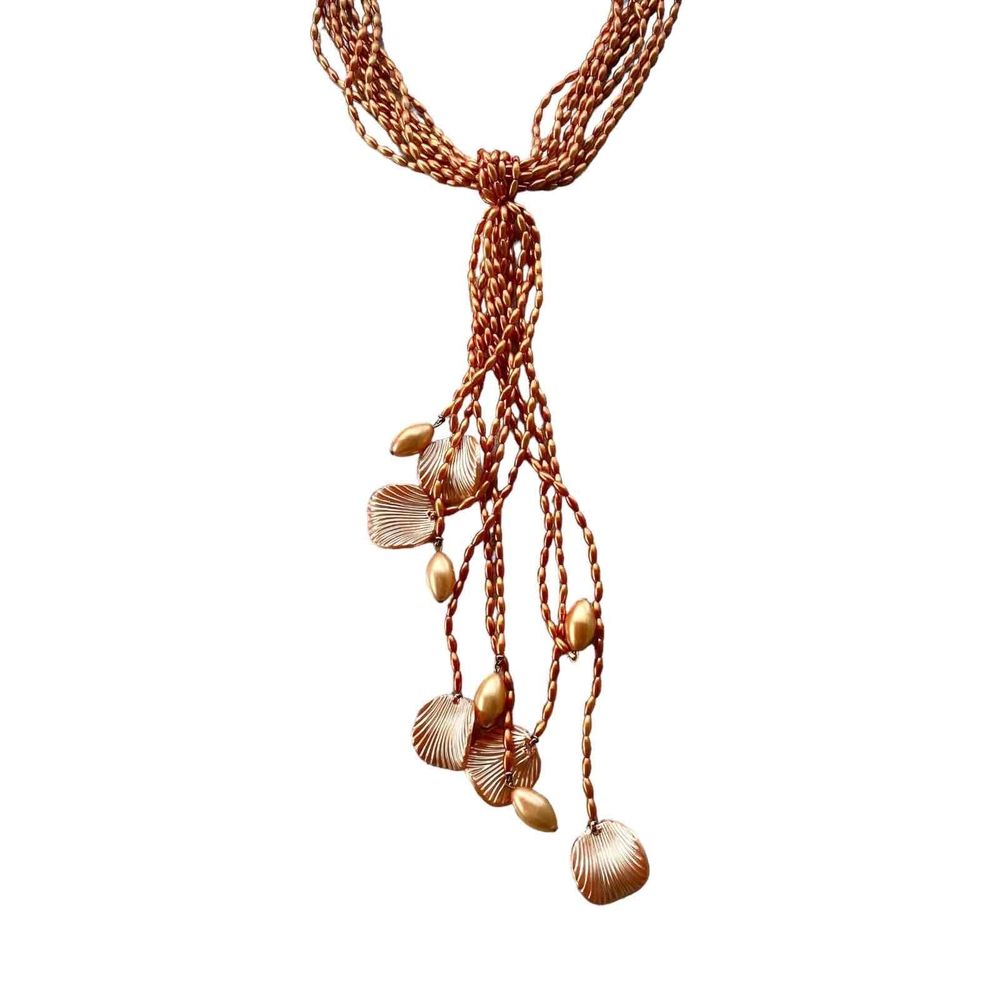 Atomic Orange Tassel Necklace Braided Shell Bead 28 Inch Vintage